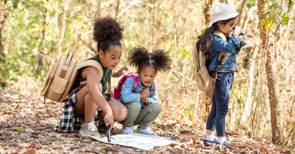 three small children in the woods exploring nature